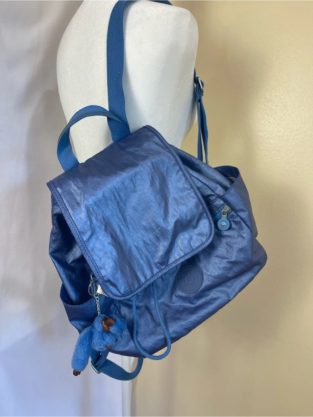 Kipling City Pack Metallic Blue Backpack Small Slouchy Y2K Monkey Charm Nylon